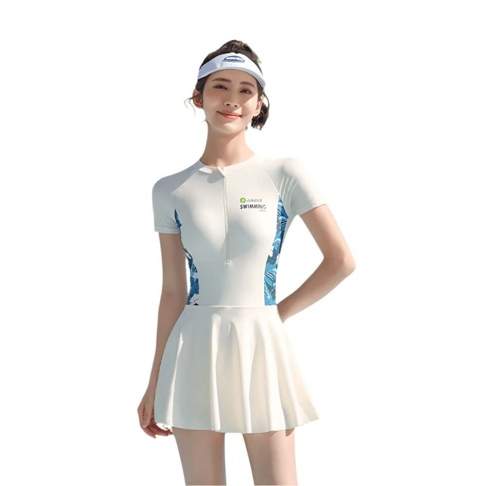 Sun Protection Short Sleeve Dress Swimming Costume white