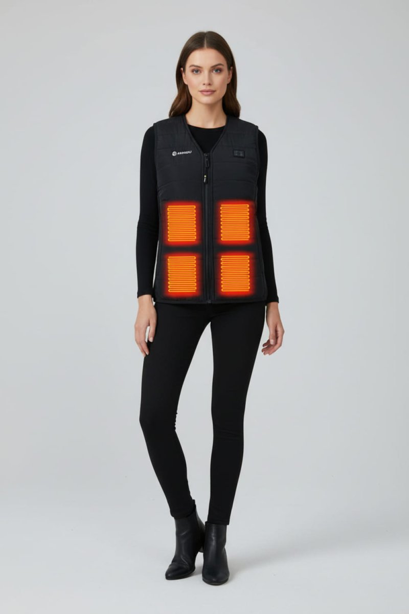 women's black v-neck heated vest Back with 4 heat zones