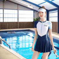 woman holding glasses with Sun Protection UPF 50+ Swim Dress in blue