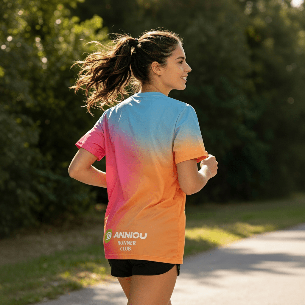rear of women running t-shirt