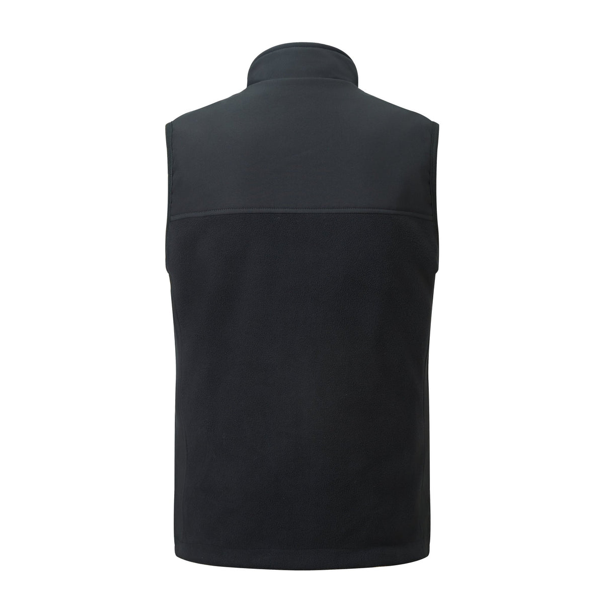 Black sleeveless heated jacket on a white background behind