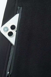 Close - up of a smartphone with a black case and zipper, against a dark background.