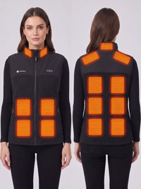 A woman modeling a black heated fleece vest with 13 zone heated panels, shown from both the front and back.