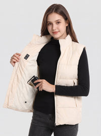#beige Heated Puffer Vest with Power Bank Pocket