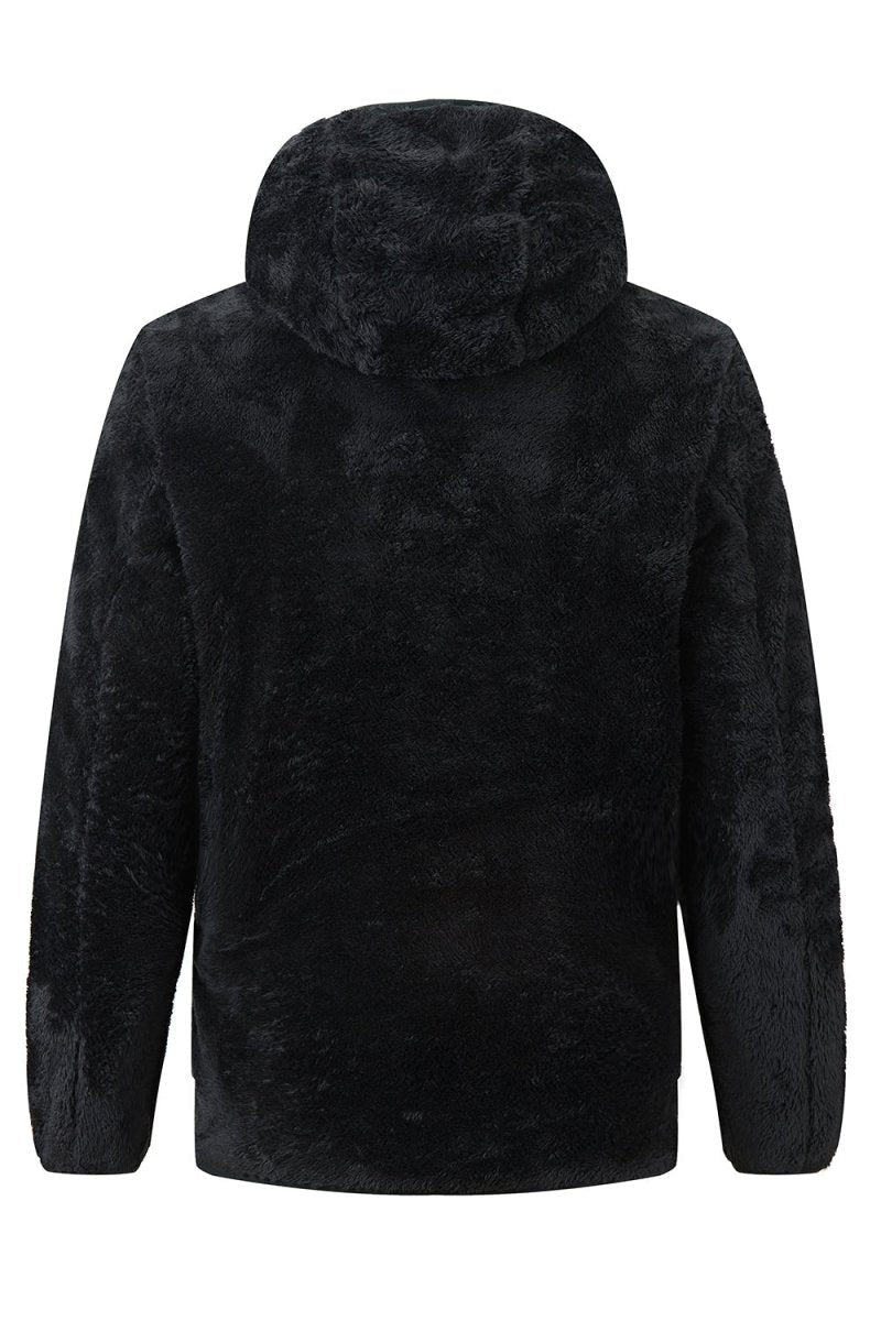 Black fleece jacket with hood on a white background