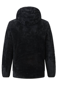 Black fleece jacket with hood on a white background