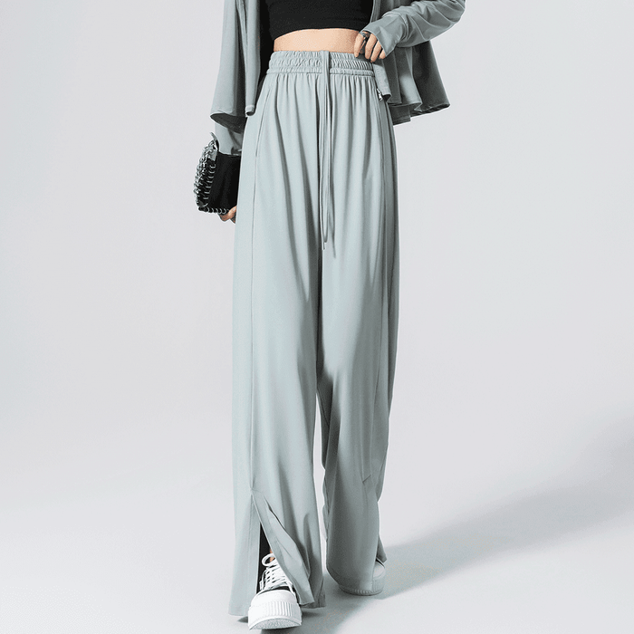 Women's grey High Waist Split Hem Trousers UPF 50+ with drawstring