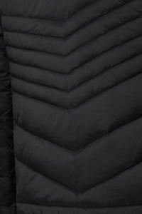 Close-up of a black puffer jacket showing the chevron quilted pattern and padded texture.