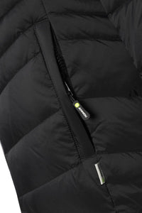 Close-up of a black puffer jacket showing a zippered pocket with a black zipper pull labeled Anniou and a small vertical fabric tag.