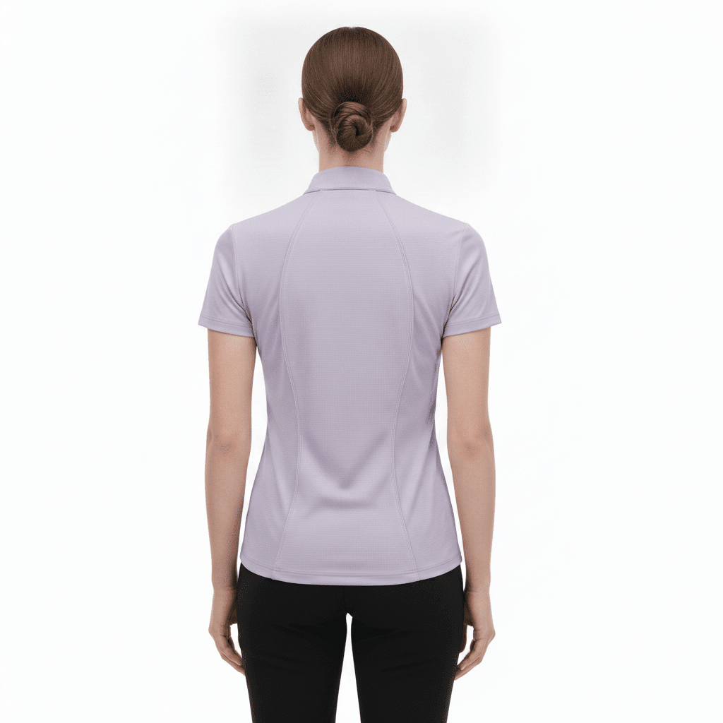 Rear of Women's Purple Short Sleeve Golf Polo