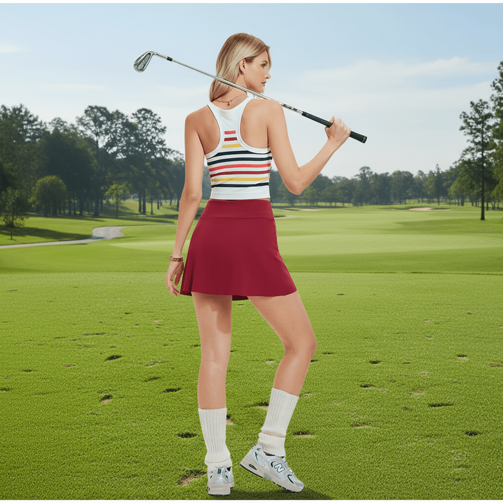Rear of Women's Red Slit Golf Skort