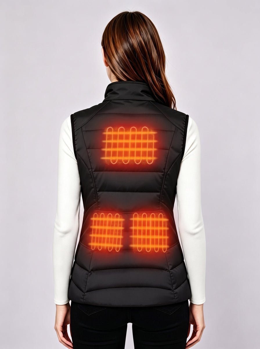 Back view of women's black heated vest, visual glowing heating elements on upper back and lower back
