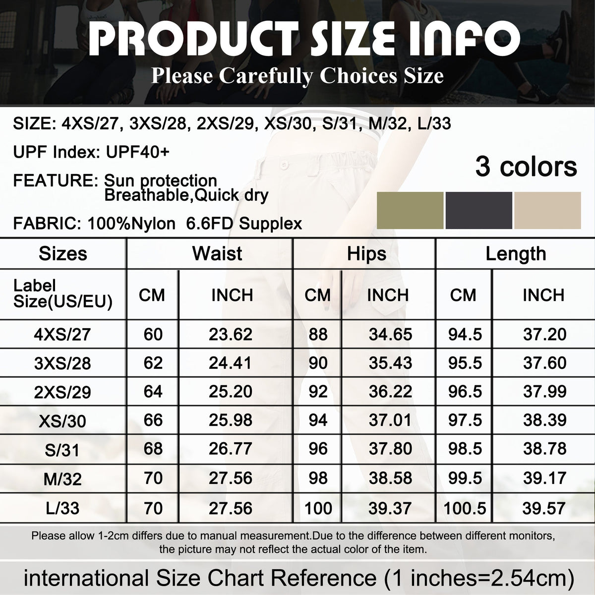 Women's UV Protection Outdoor cargo Pants size guide
