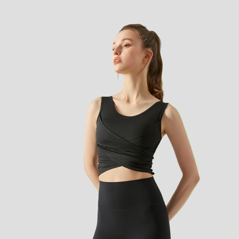 women's black Cross Pleated Tank Top UPF 50+