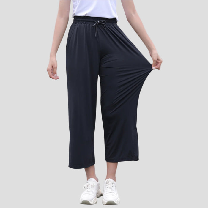 womens black UPF50+ wide leg cropped trousers