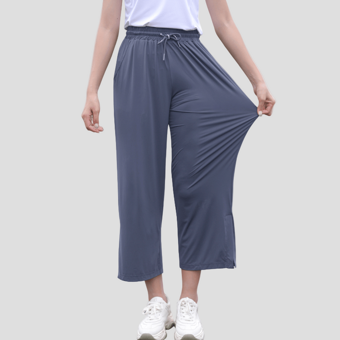 womens gray UPF50+ wide leg cropped trousers.