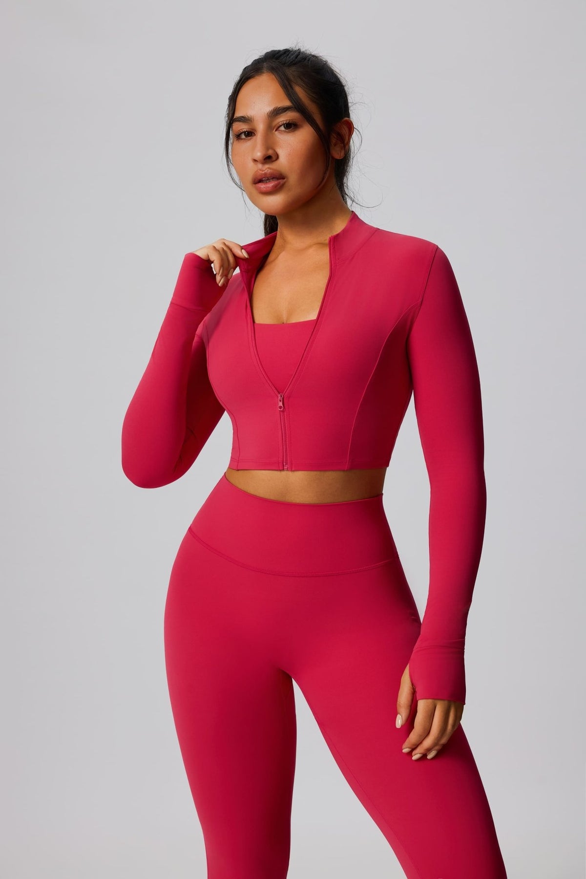 Red High Waist Sports Leggings and Zip Jacket