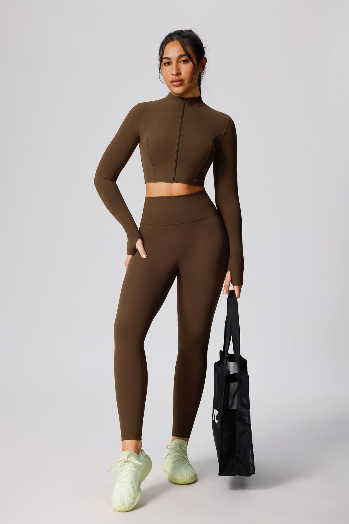 Khaki UPF 50+ Crop Yoga Sports Jacket and leggings