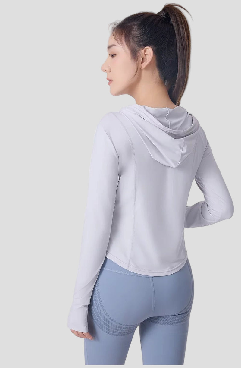 White Zip Up Thumbhole Sports Jacket UPF 50+ with hood